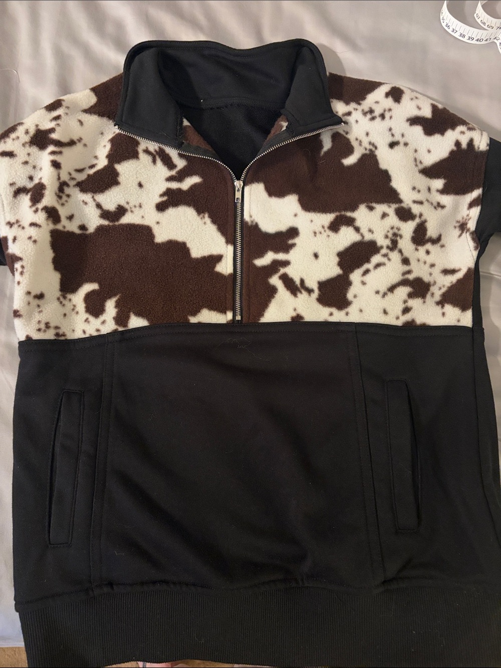Women's Half-Zip Fleece Pullover Hoodie - Brown & White Cow Print